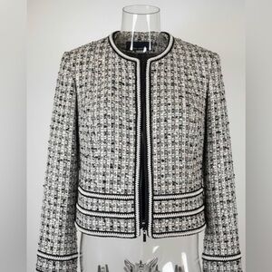 Jones New York Tweed Knit Jacket Black & White zippered Blazer  Size 10 Crop